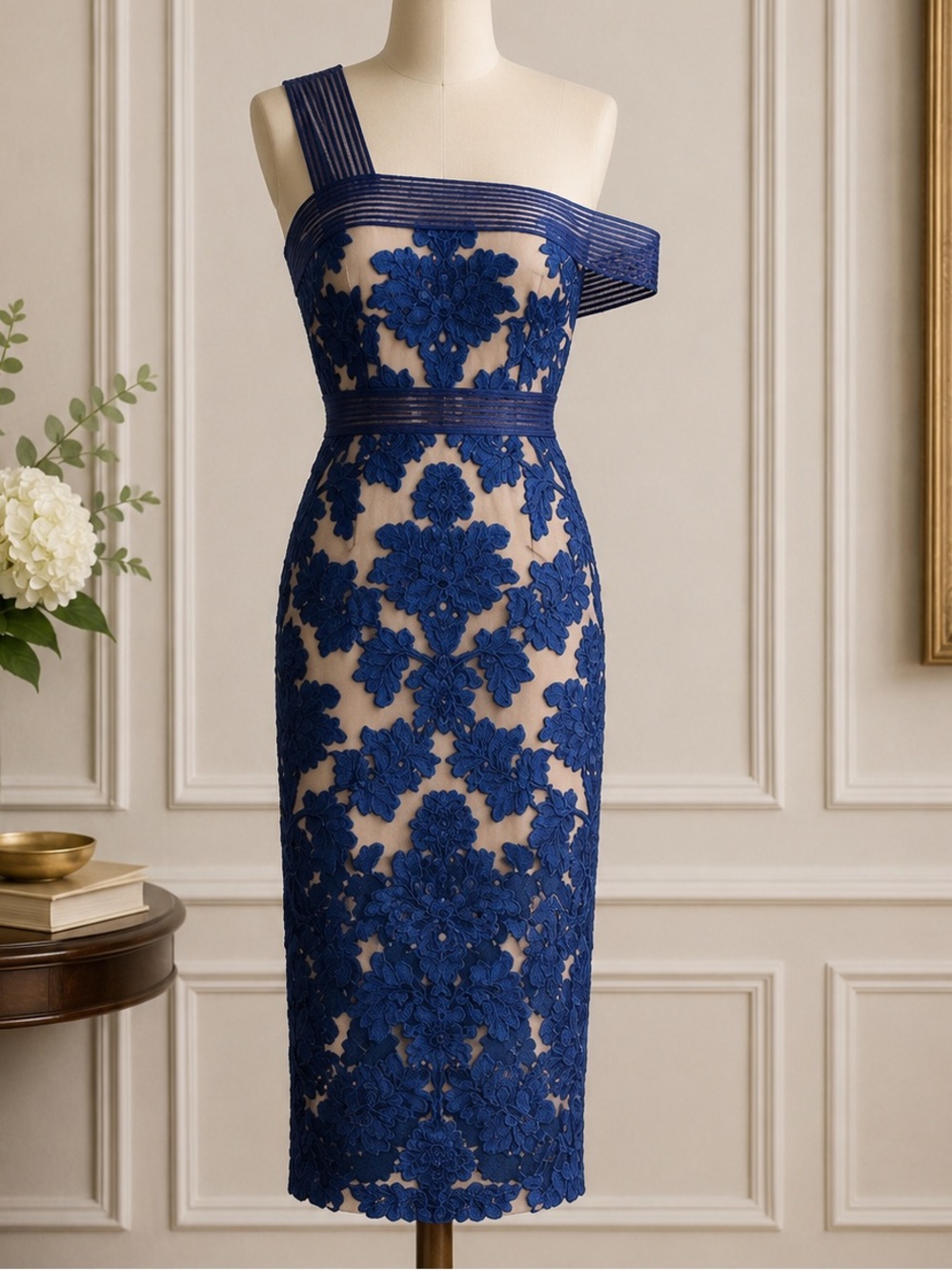 Alice McCall Asymetrical Shoulder Lace Pattern Midi Dress